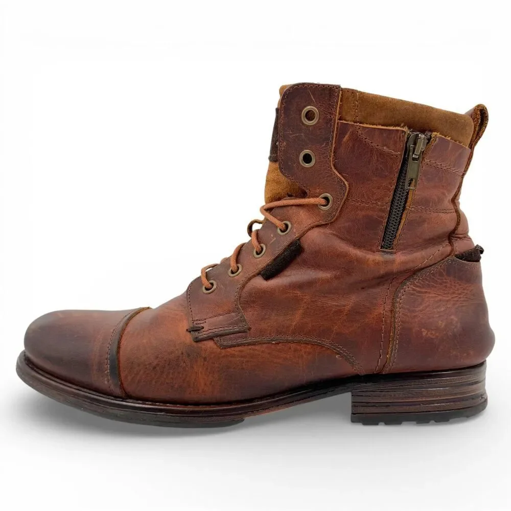 Freebird Men's Distressed Leather Lace Up Zipper Cap Toe Boots Brown EU45/US12